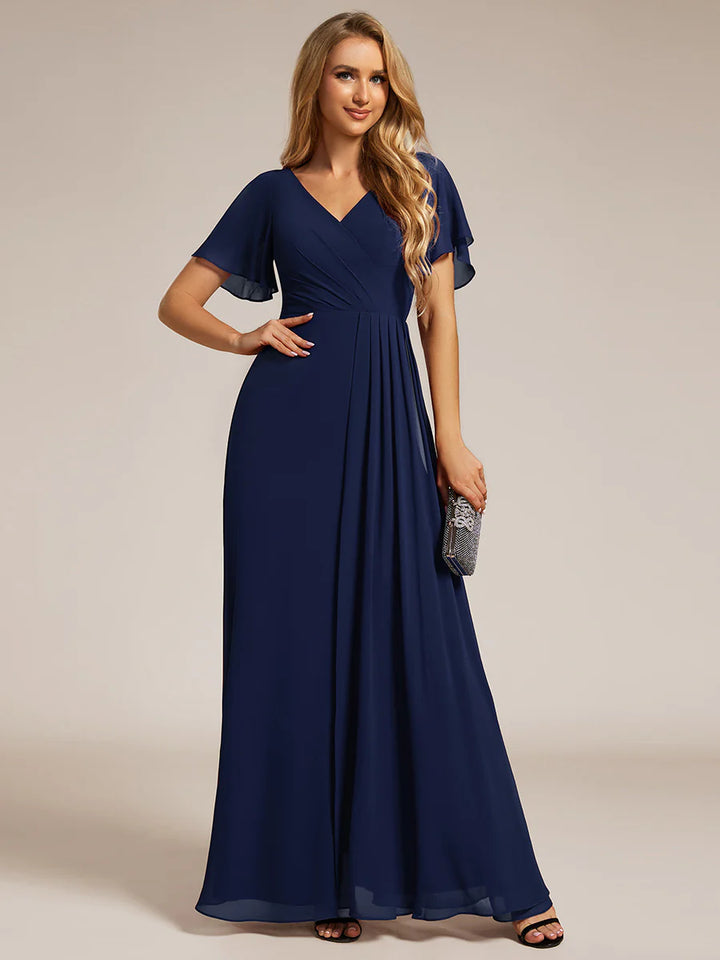 Elegant Lotus Leaf Ruffles Sleeve Asymmetrical Ruched Empire Waist Chiffon Evening Dresses