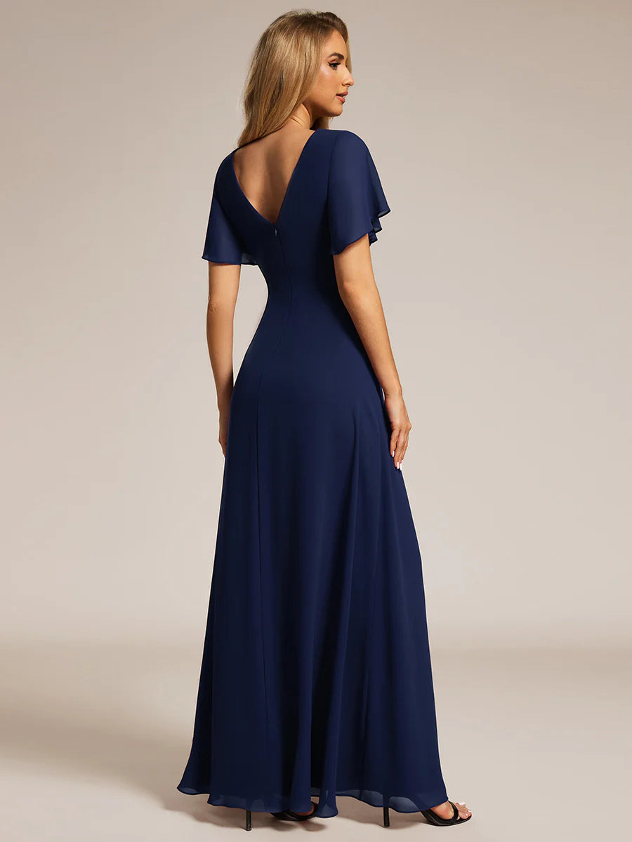 Elegant Lotus Leaf Ruffles Sleeve Asymmetrical Ruched Empire Waist Chiffon Evening Dresses