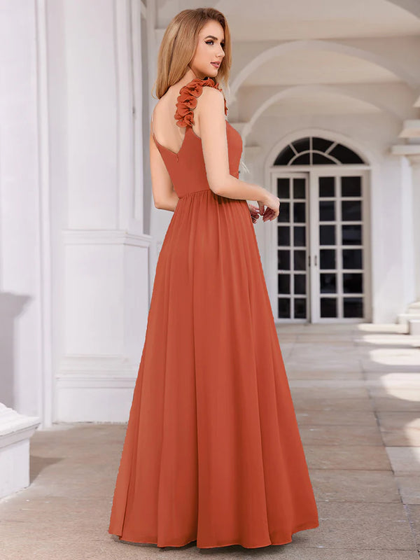 Elegant V-Neck Floral Strap Bodycon Chiffon Bridesmaid Dress