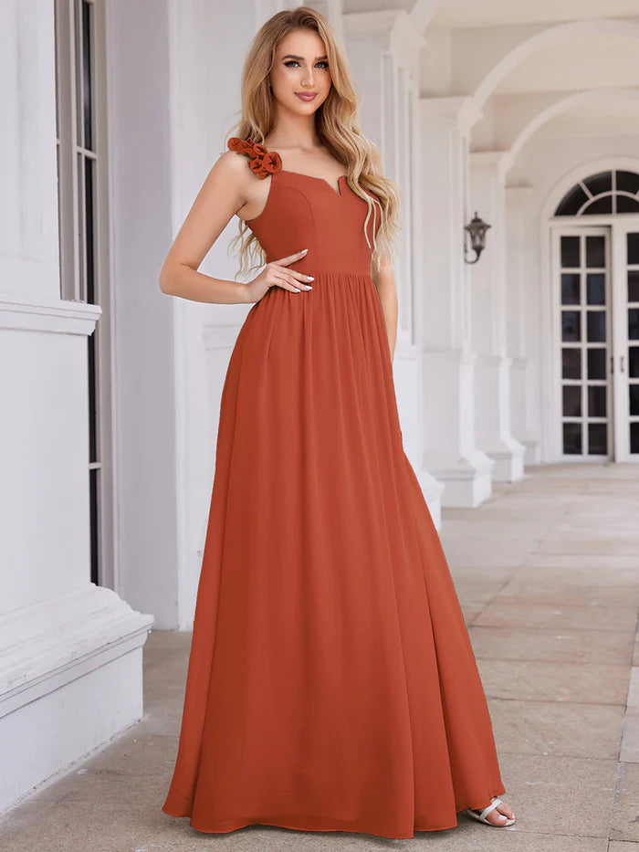 Elegant V-Neck Floral Strap Bodycon Chiffon Bridesmaid Dress - CALABRO®