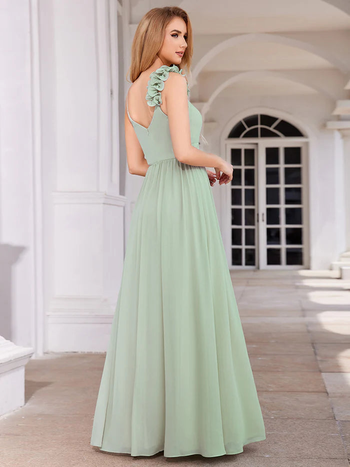 Elegant V-Neck Floral Strap Bodycon Chiffon Bridesmaid Dress - CALABRO®