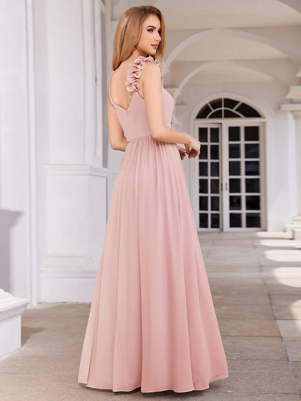 Elegant V-Neck Floral Strap Bodycon Chiffon Bridesmaid Dress