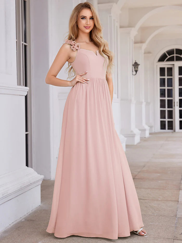 Elegant V-Neck Floral Strap Bodycon Chiffon Bridesmaid Dress - CALABRO®