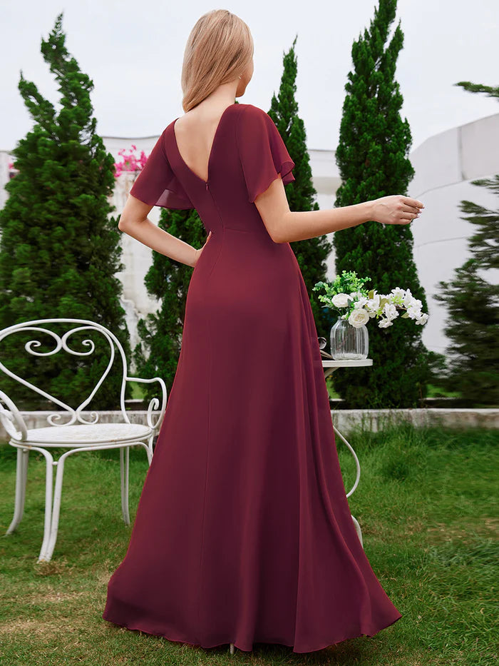 Chiffon Pleated Bridesmaid Dress with Ruffle Short Sleeves - CALABRO®