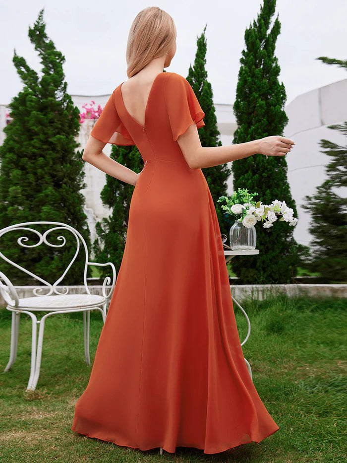 Chiffon Pleated Bridesmaid Dress with Ruffle Short Sleeves - CALABRO®