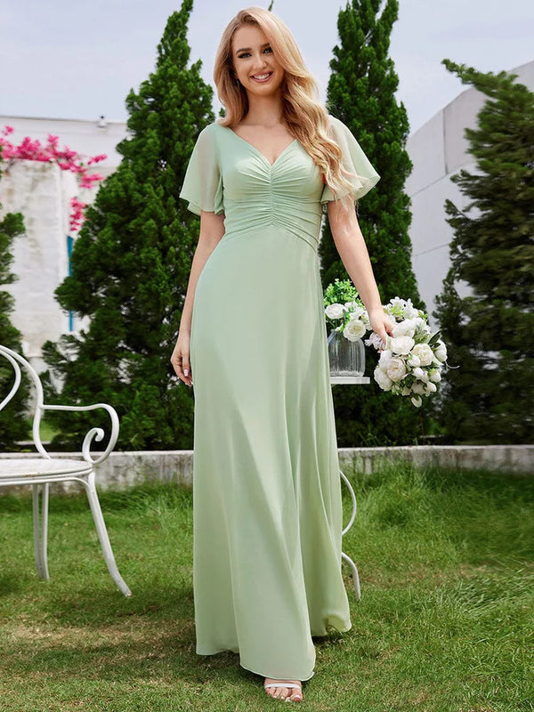 Chiffon Pleated Bridesmaid Dress with Ruffle Short Sleeves