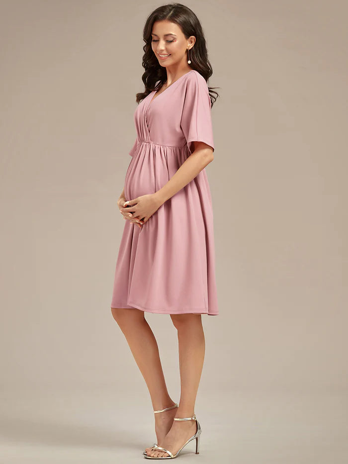 V Neck Short Pleated Maternity Dresses - CALABRO®