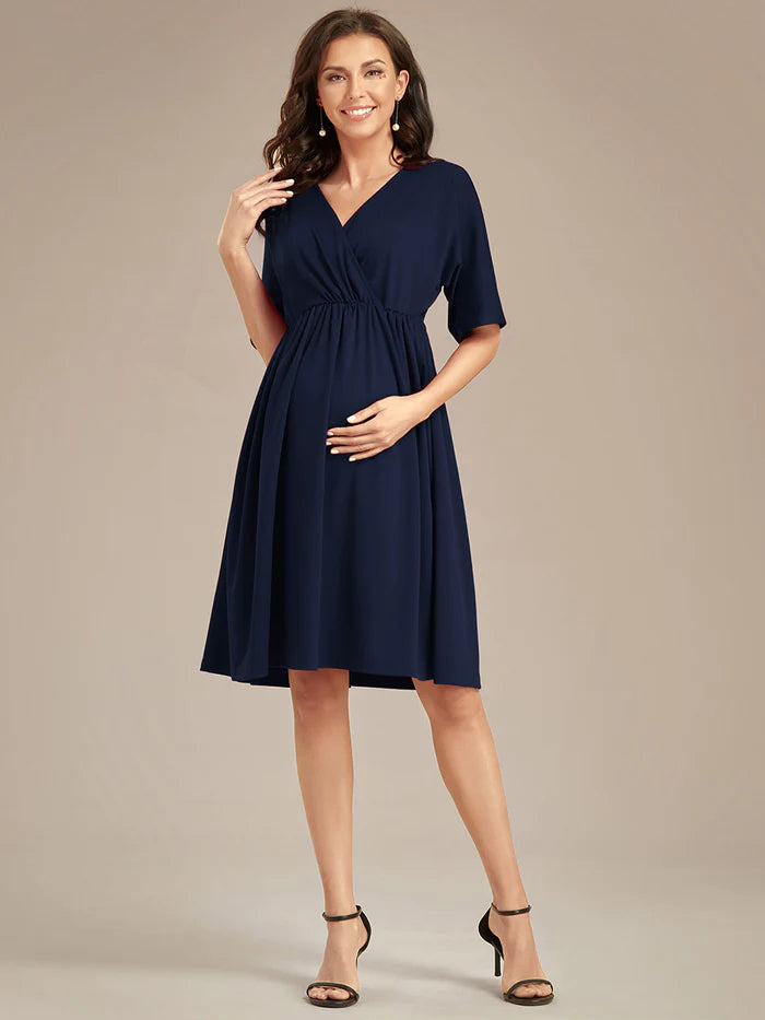 V Neck Short Pleated Maternity Dresses - CALABRO®