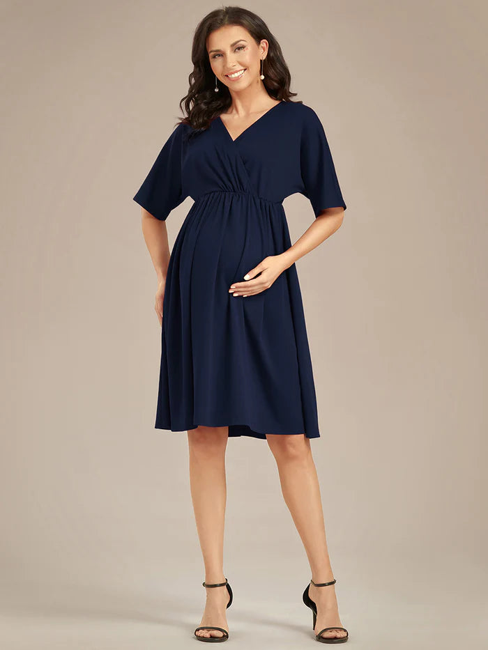 V Neck Short Pleated Maternity Dresses - CALABRO®