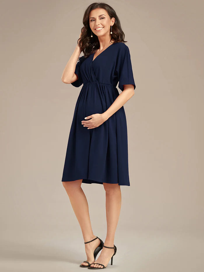 V Neck Short Pleated Maternity Dresses - CALABRO®