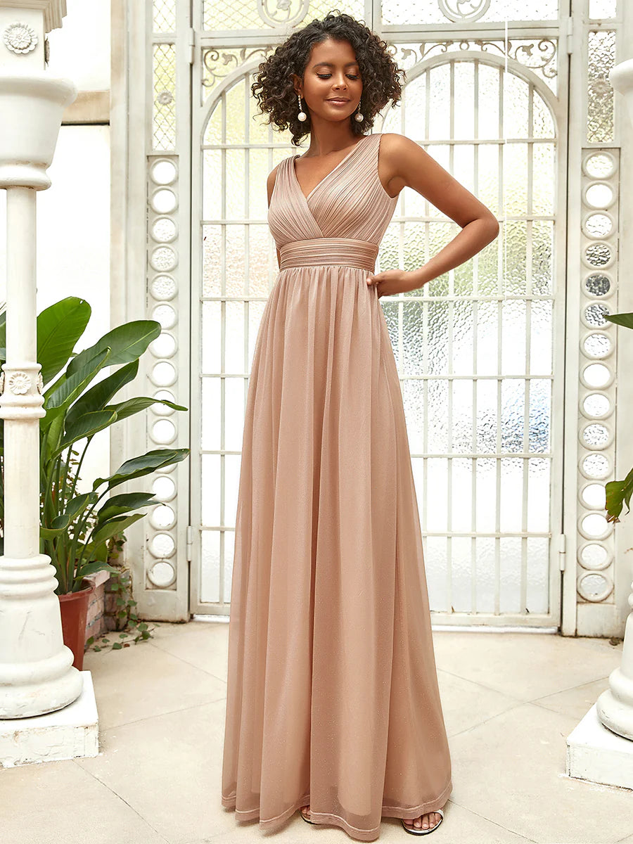 Sparkly V-Neck Ruched Evening Dress - CALABRO®