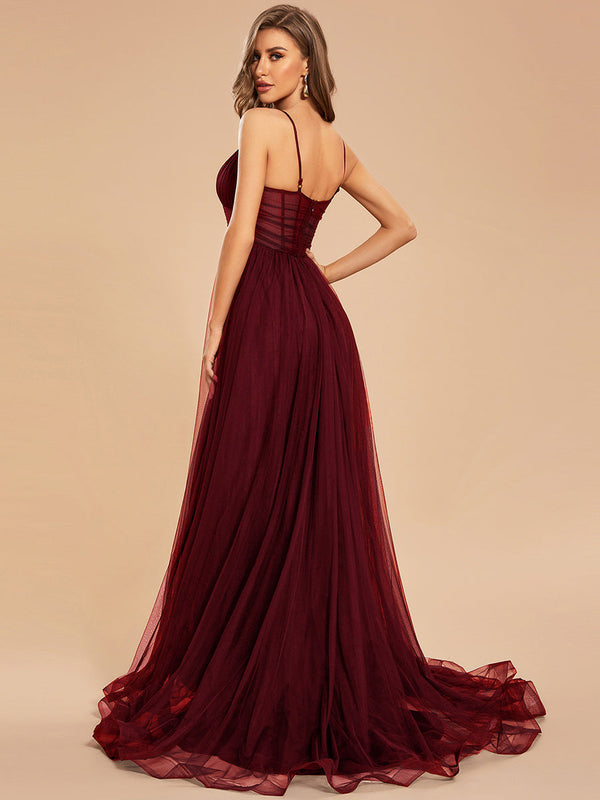 See Through Spaghetti Strap High Split Tulle  Evening Dress