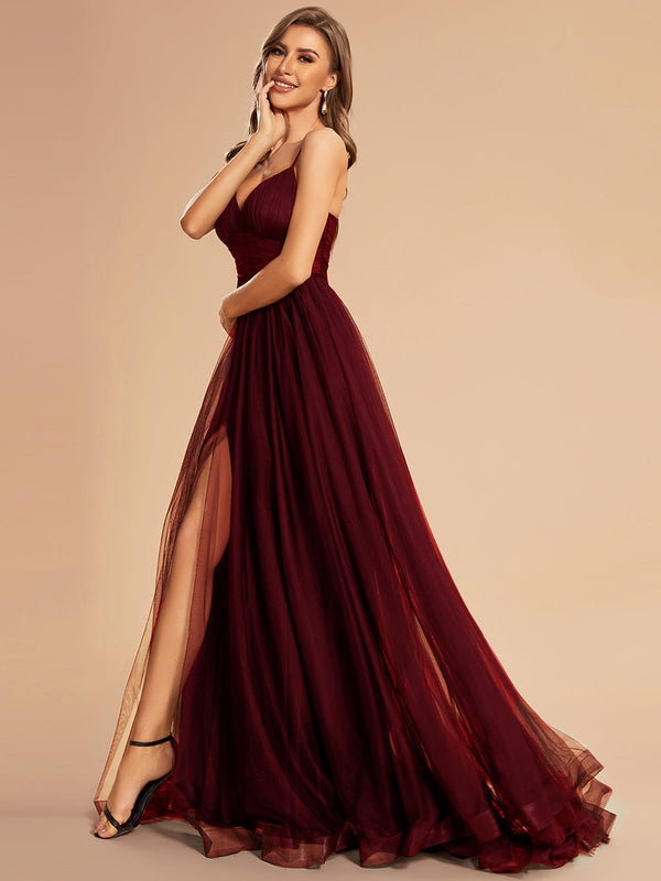 See Through Spaghetti Strap High Split Tulle  Evening Dress