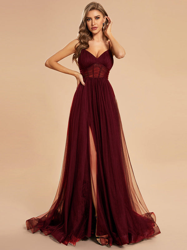 See Through Spaghetti Strap High Split Tulle  Evening Dress