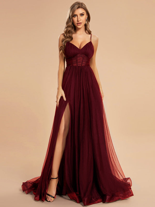 See Through Spaghetti Strap High Split Tulle  Evening Dress