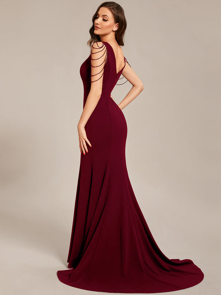 Maxi Long V Neck Sleeveless Beaded Chiffon Evening Dress - CALABRO®