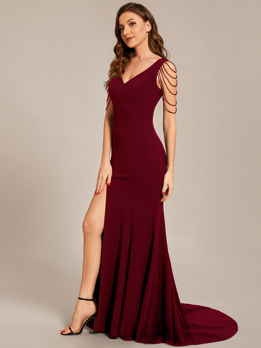 Maxi Long V Neck Sleeveless Beaded Chiffon Evening Dress - CALABRO®