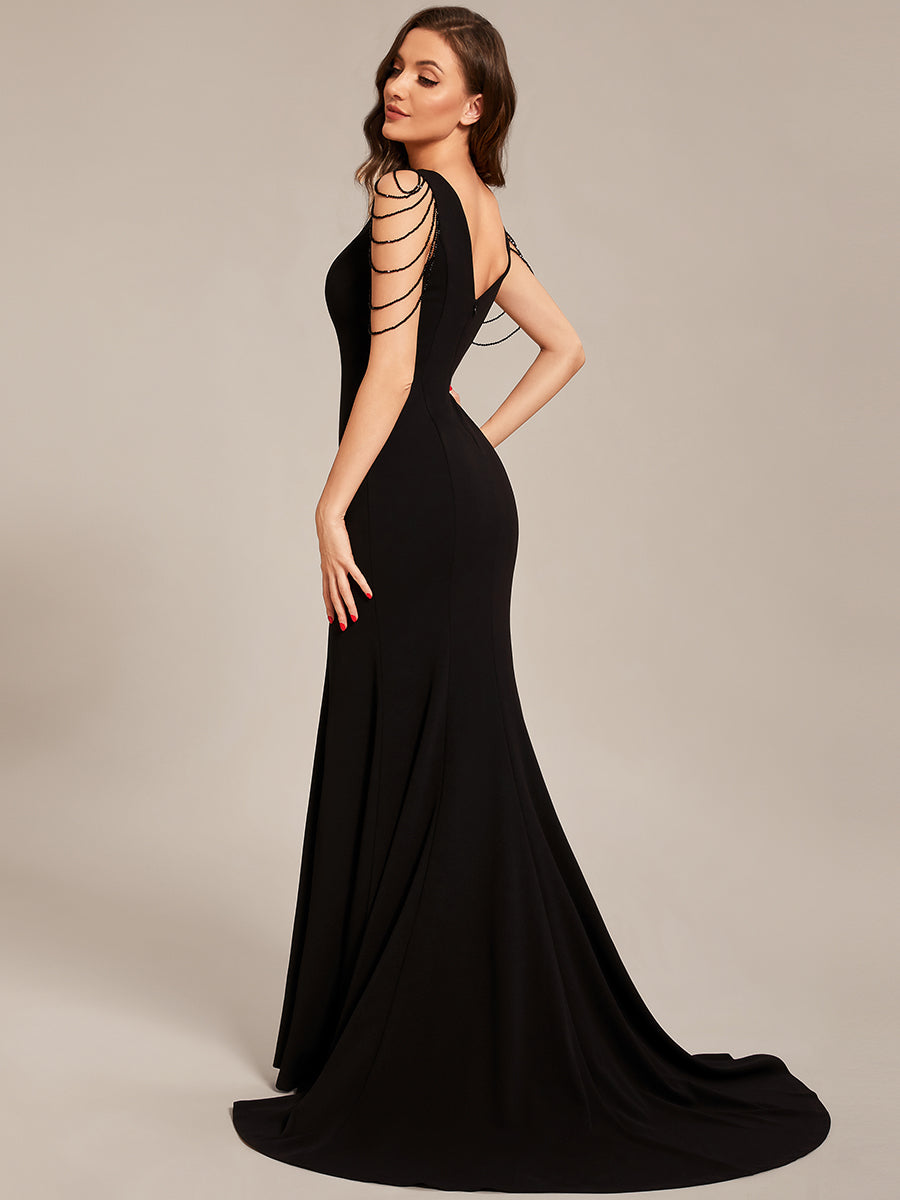 Maxi Long V Neck Sleeveless Beaded Chiffon Evening Dress - CALABRO®