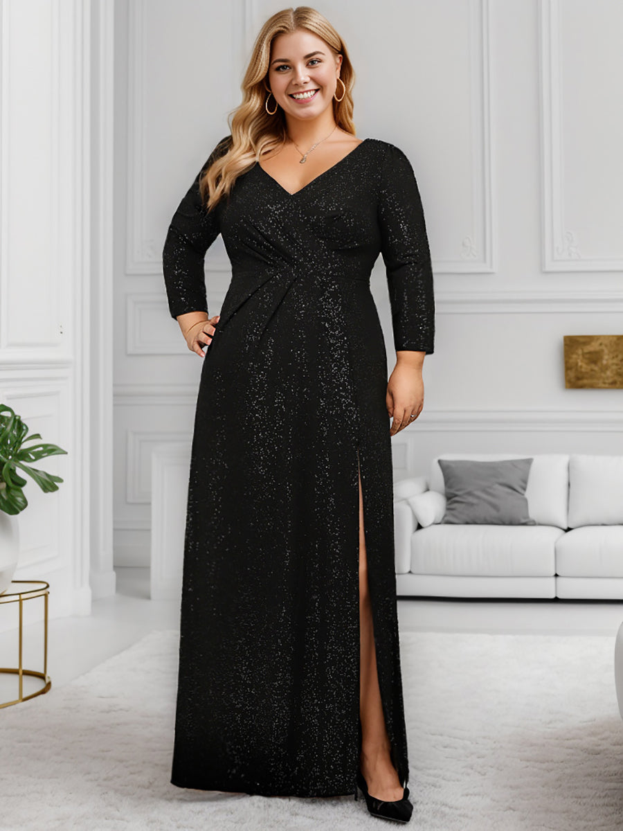 Exquisite Plus Size Split Evening Dress with Long Sleeves - CALABRO®