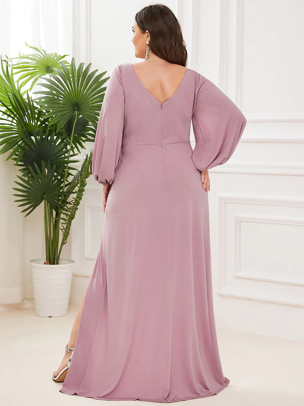 Sparkly Long Sleeve Thigh Slit Plus Size Mother of the Bride Dress