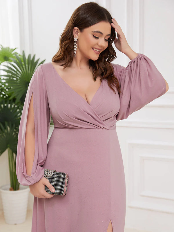 Sparkly Long Sleeve Thigh Slit Plus Size Mother of the Bride Dress