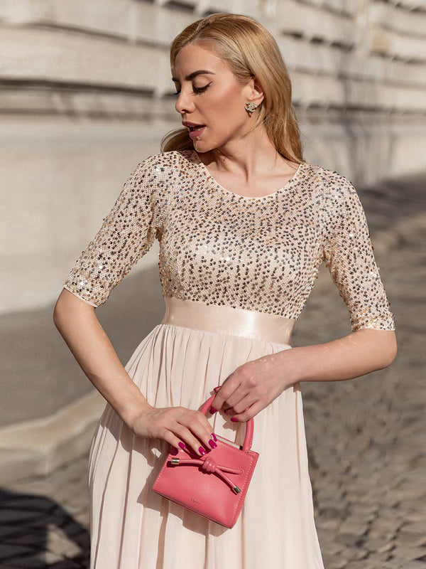 Sequin Top Three Quarter Sleeve Evening Dress