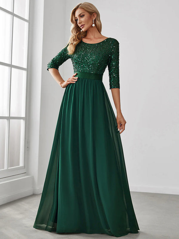 Sequin Top Three Quarter Sleeve Evening Dress