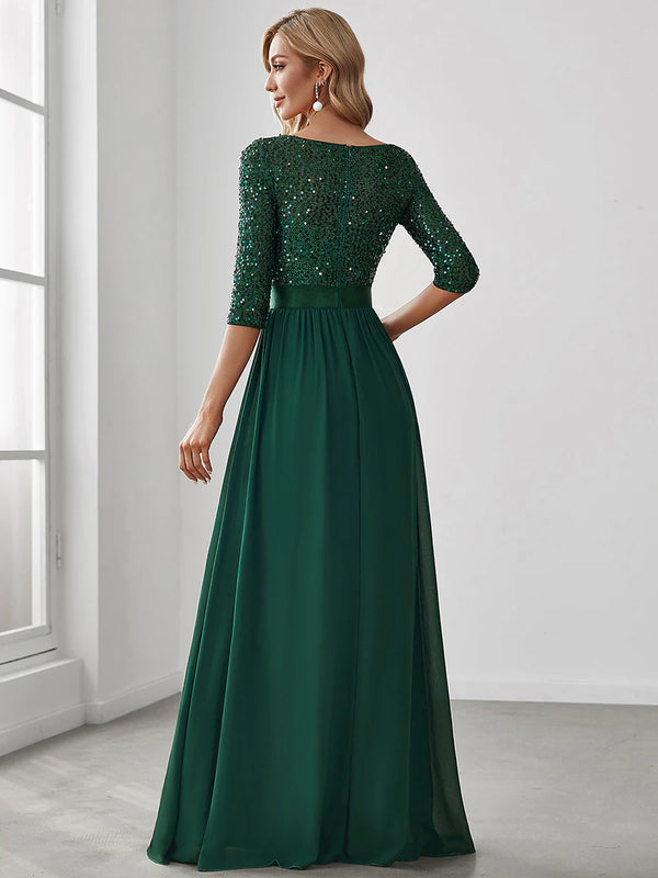 Sequin Top Three Quarter Sleeve Evening Dress