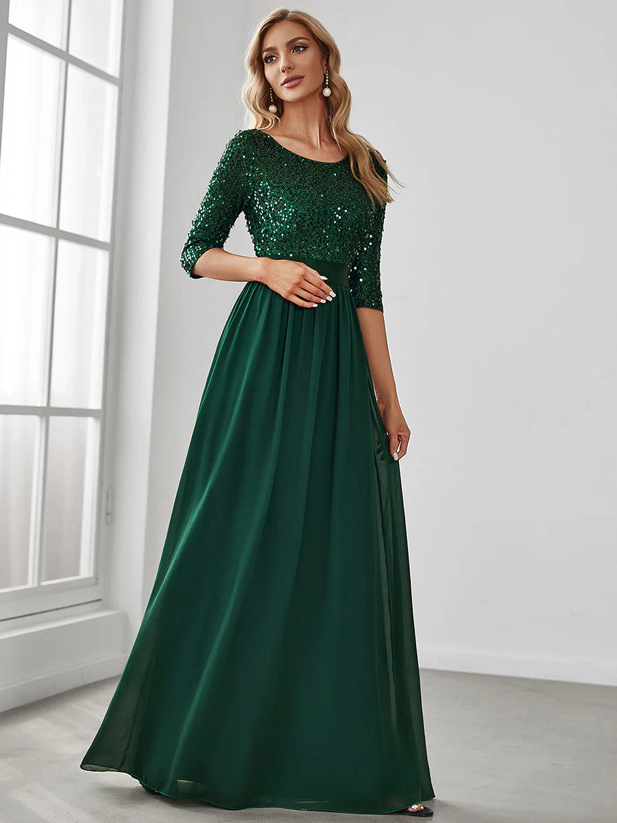 Sequin Top Three Quarter Sleeve Evening Dress - CALABRO®