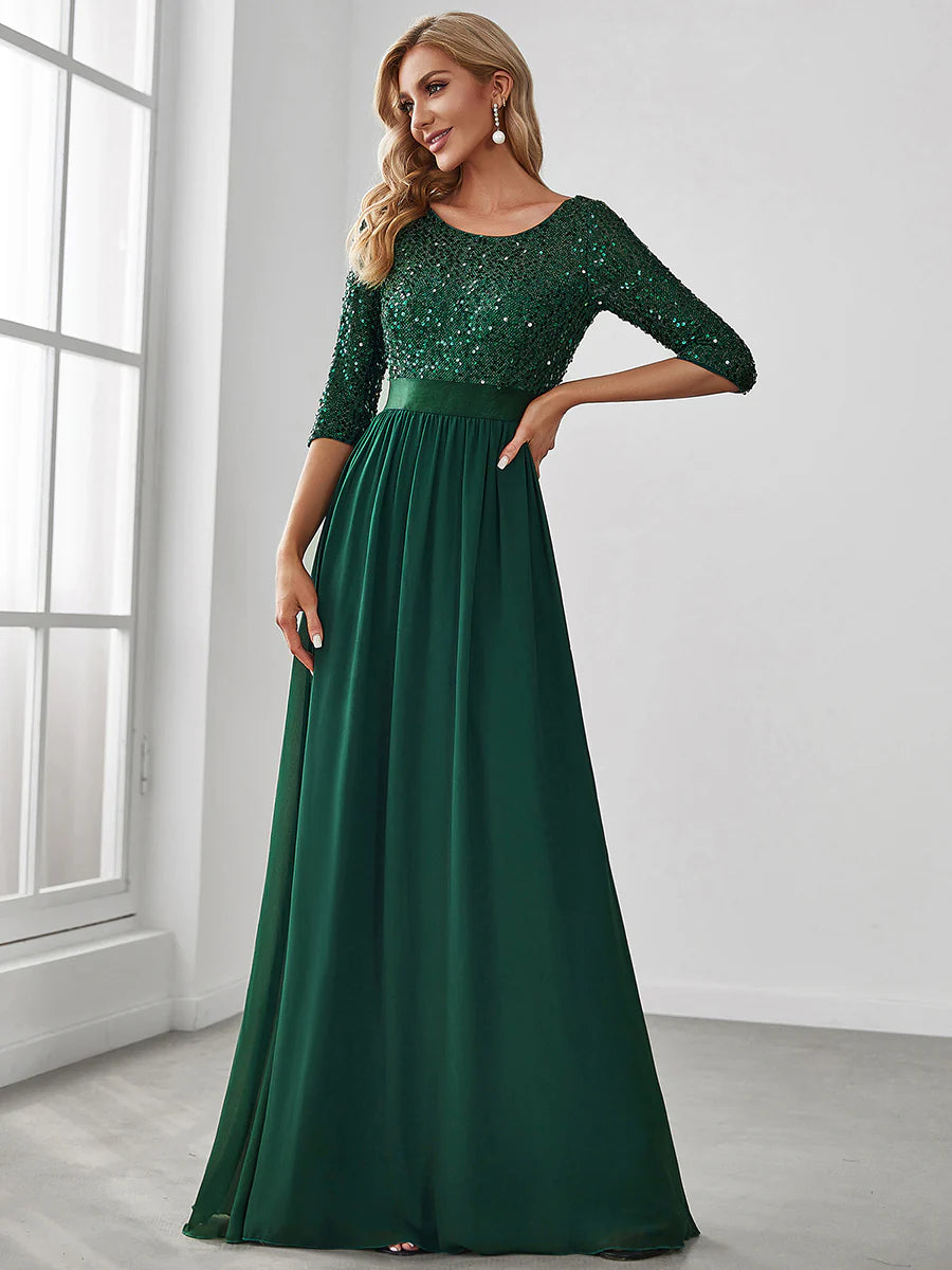 Sequin Top Three Quarter Sleeve Evening Dress - CALABRO®