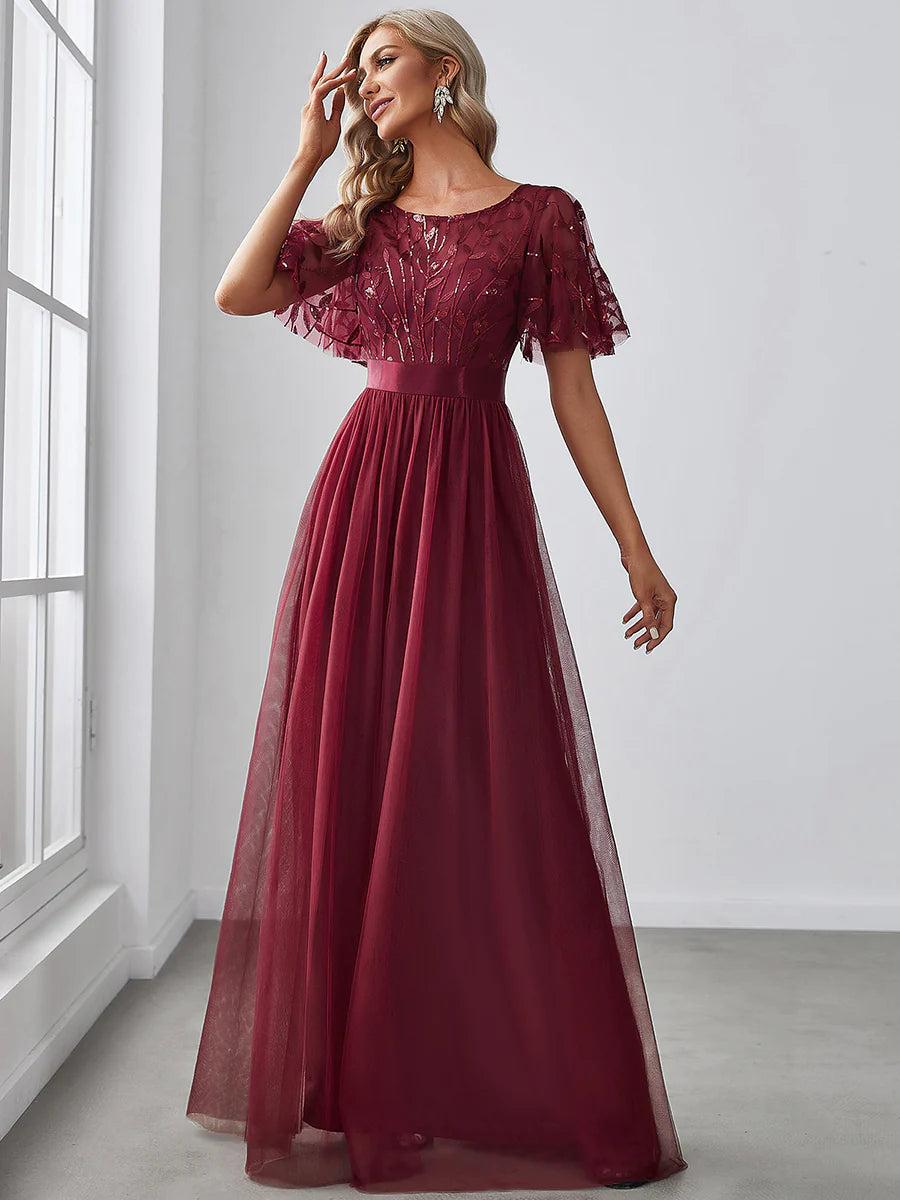 Sequin Print Floor-length Bridesmaid Dress with Cap Sleeve - CALABRO®