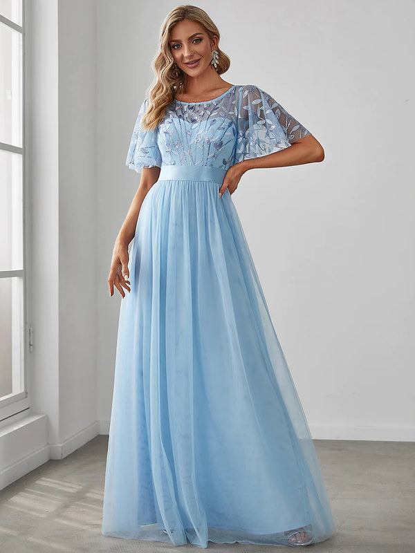 Sequin Print Maxi Long Bridesmaid Dress with Cap Sleeve