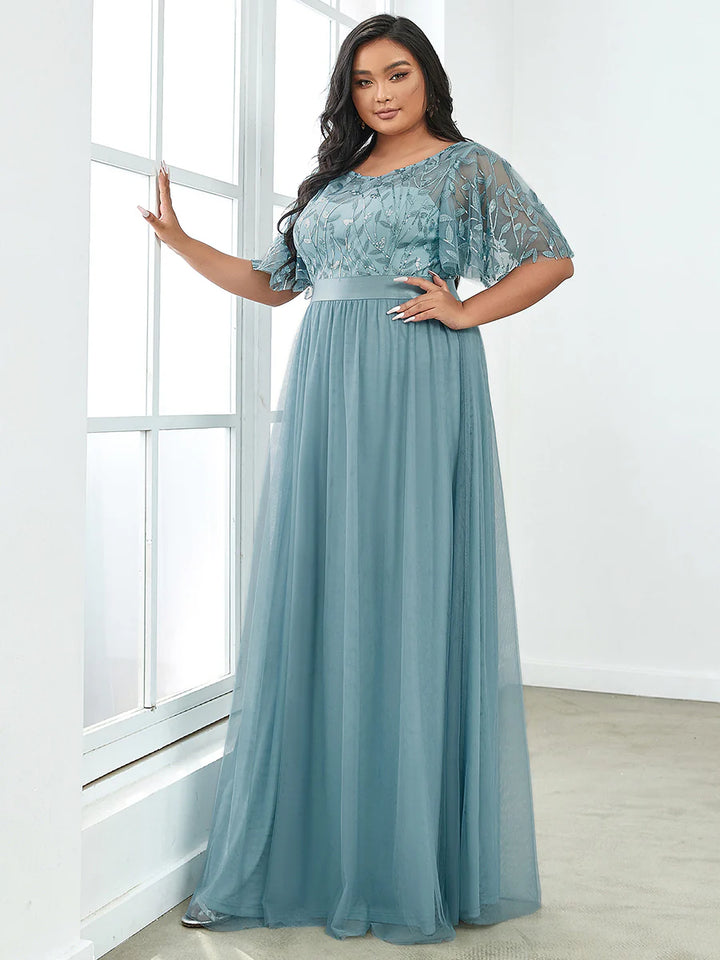 Sequin Print Plus Size Evening Dresses with Cap Sleeve