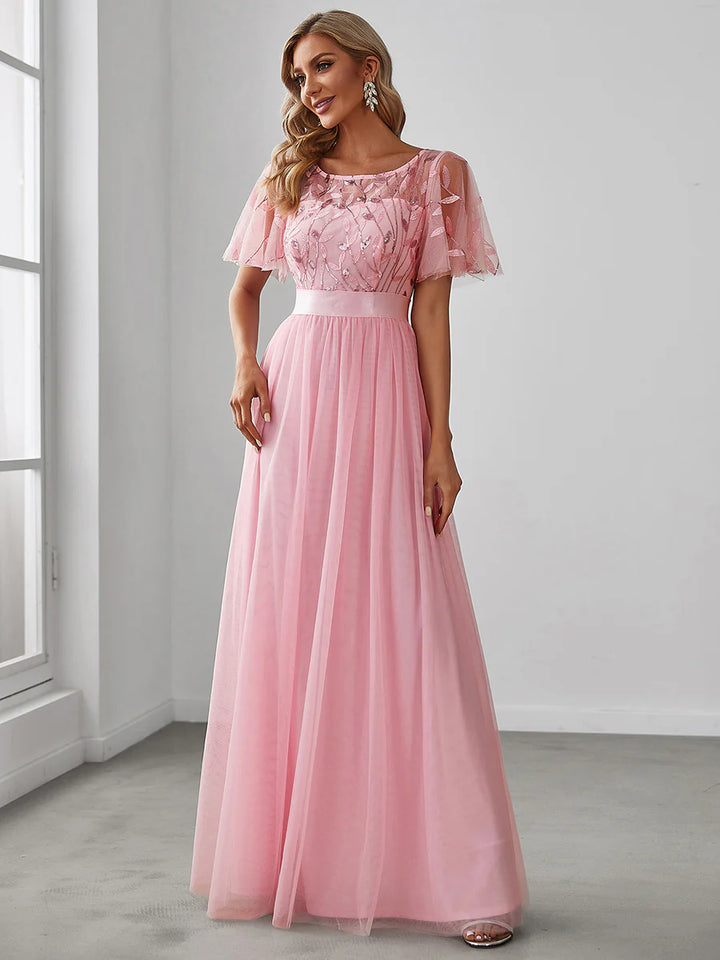 Sequin Print Maxi Long Evening Dresses with Cap Sleeve