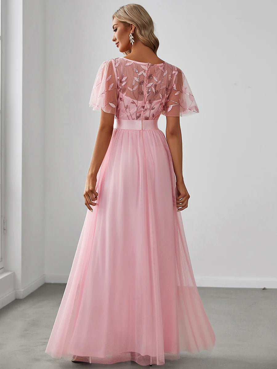 Sequin Print Maxi Long Evening Dresses with Cap Sleeve