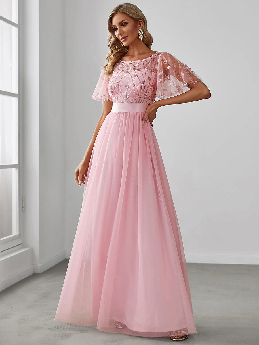 Sequin Print Maxi Long Evening Dresses with Cap Sleeve