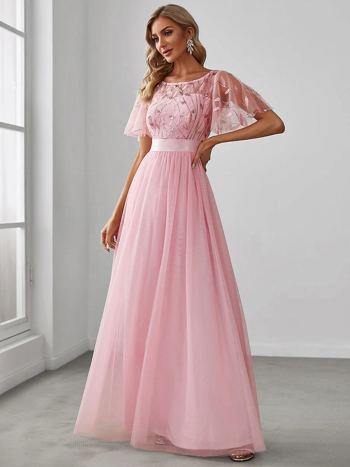Sequin Print Maxi Long Evening Dresses with Cap Sleeve