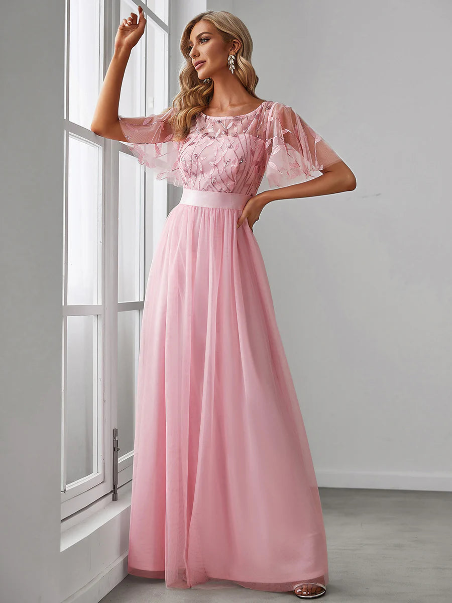 Sequin Print Maxi Long Evening Dresses with Cap Sleeve