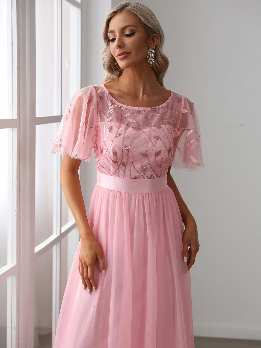 Sequin Print Maxi Long Evening Dresses with Cap Sleeve
