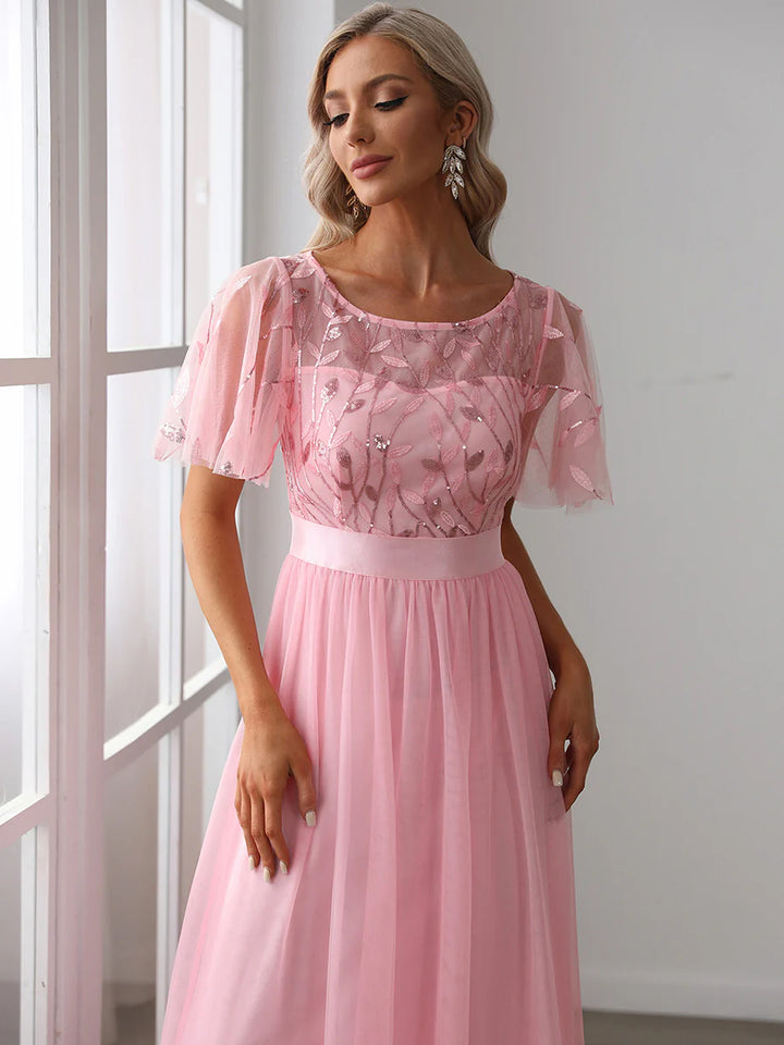 Sequin Print Maxi Long Evening Dresses with Cap Sleeve