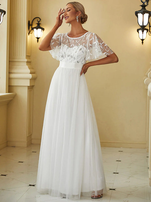 Sequin Print Floor-length Wedding Dresses with Cap Sleeve