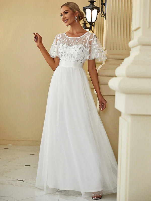 Sequin Print Floor-length Wedding Dresses with Cap Sleeve