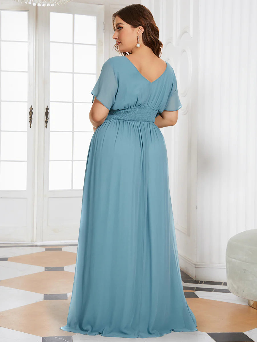 V-Neck Ruffle Sleeve Flowy Formal Dress - CALABRO®