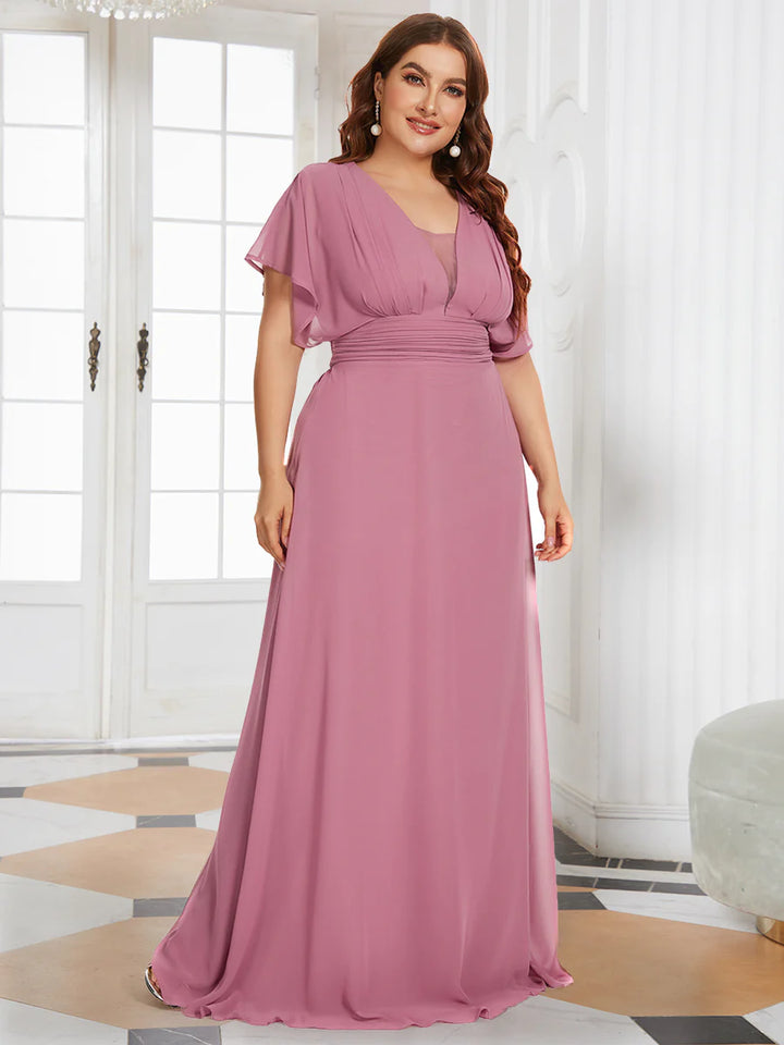 V-Neck Ruffle Sleeve Flowy Formal Dress - CALABRO®