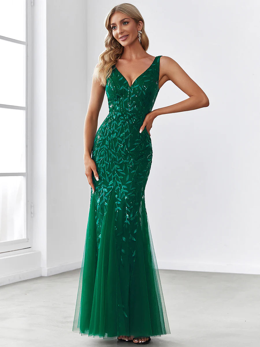 V-Neck Sequinned Leaf Pattern Evening Dress - CALABRO®