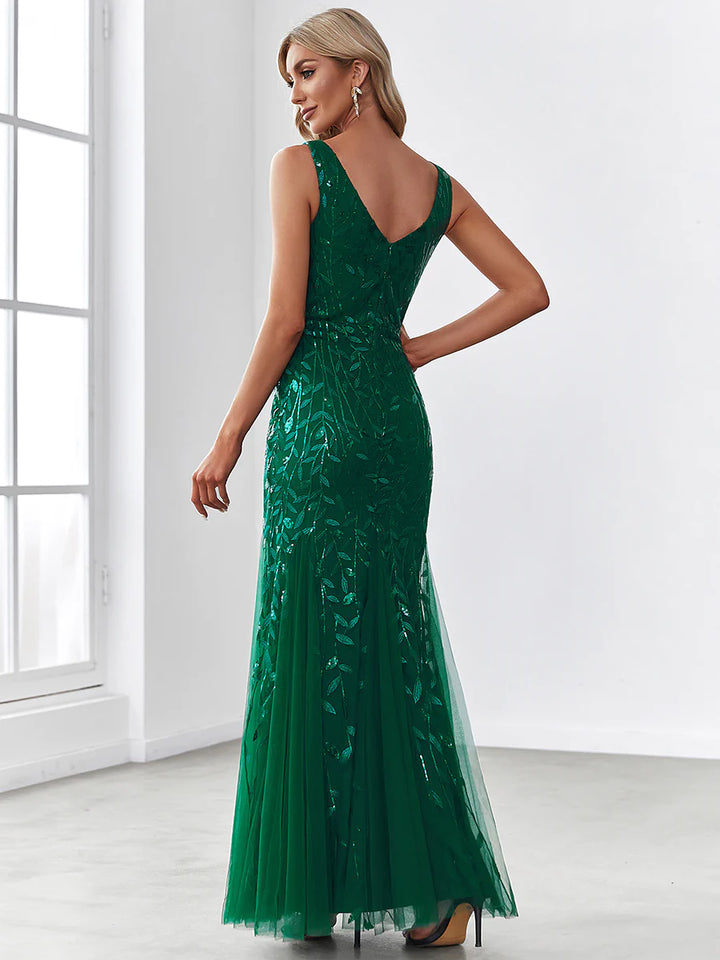 V-Neck Sequinned Leaf Pattern Evening Dress - CALABRO®