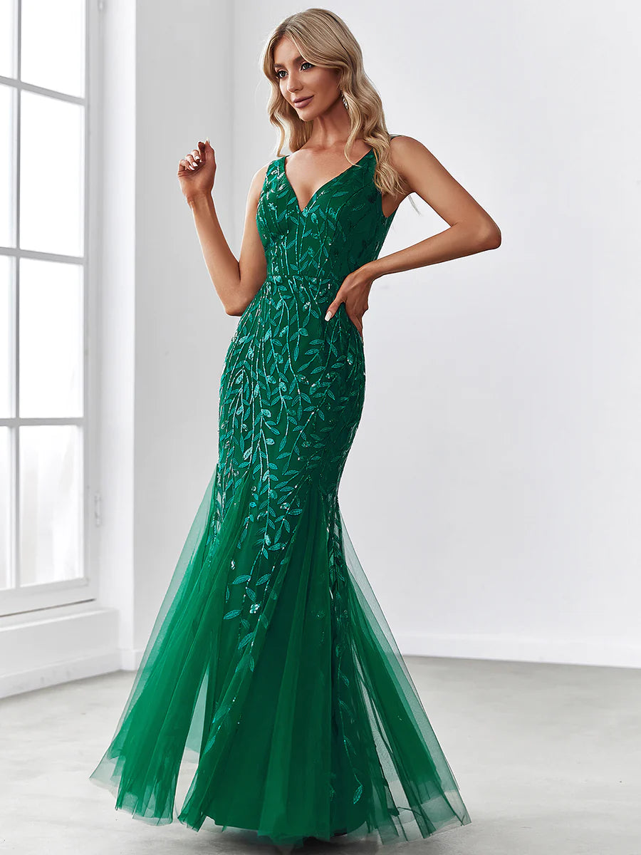 V-Neck Sequinned Leaf Pattern Evening Dress - CALABRO®