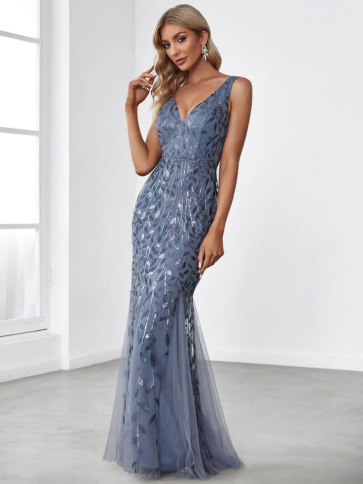 Sexy Double V-Neck Sequin Mermaid Maxi Dresses For Evening