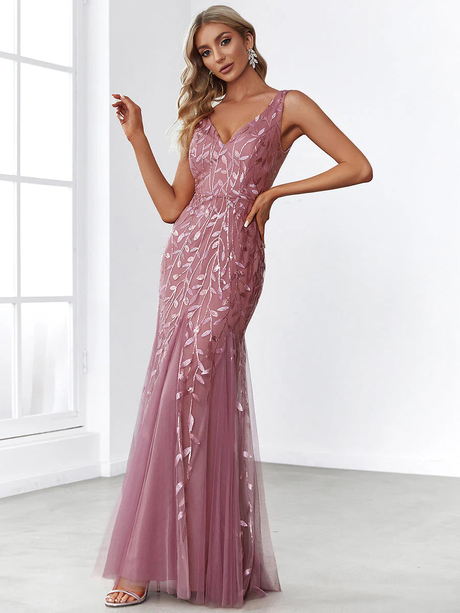 Sexy Double V-Neck Sequin Mermaid Maxi Dresses For Evening