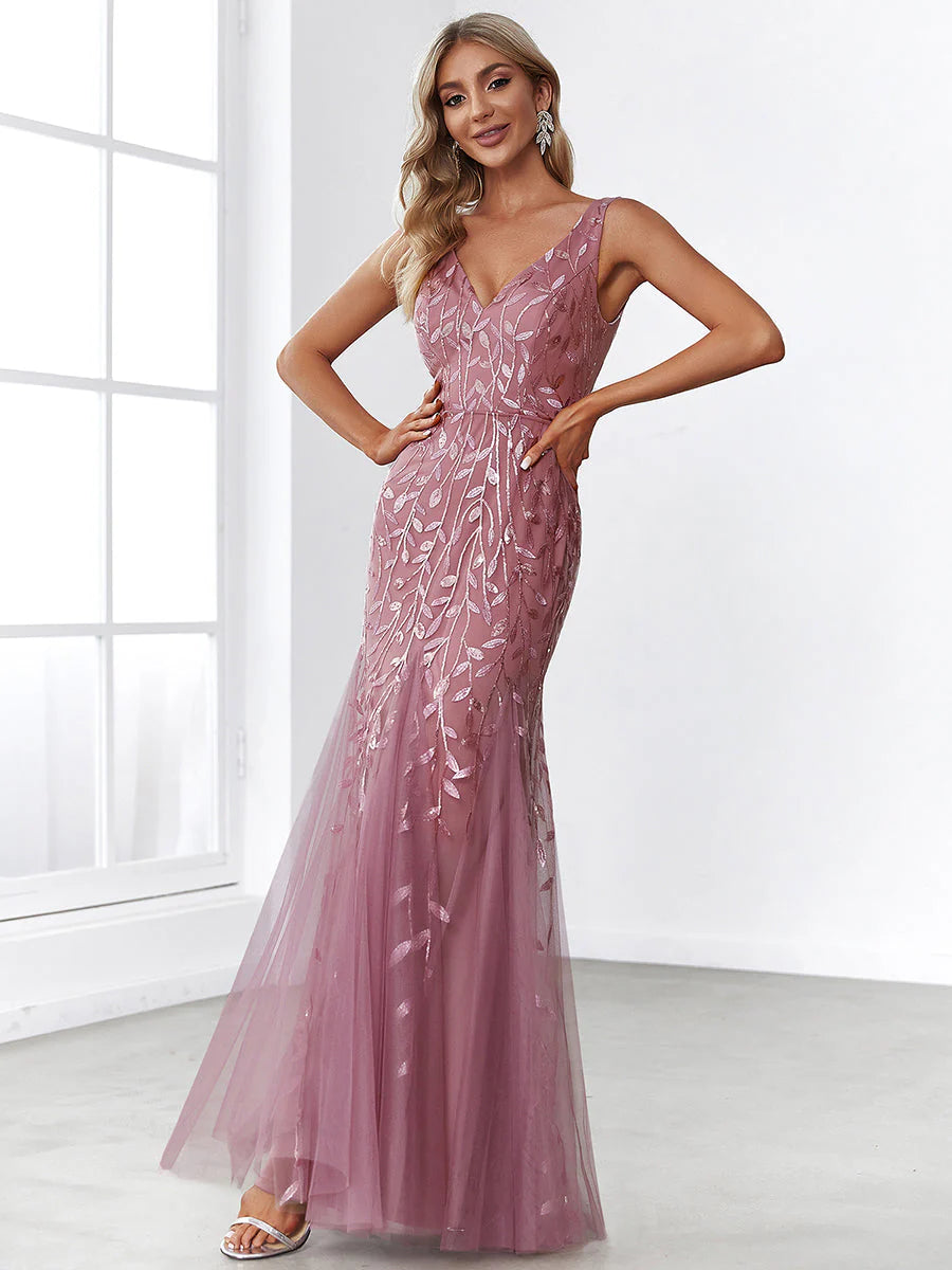 Sexy Double V-Neck Sequin Mermaid Maxi Dresses For Evening